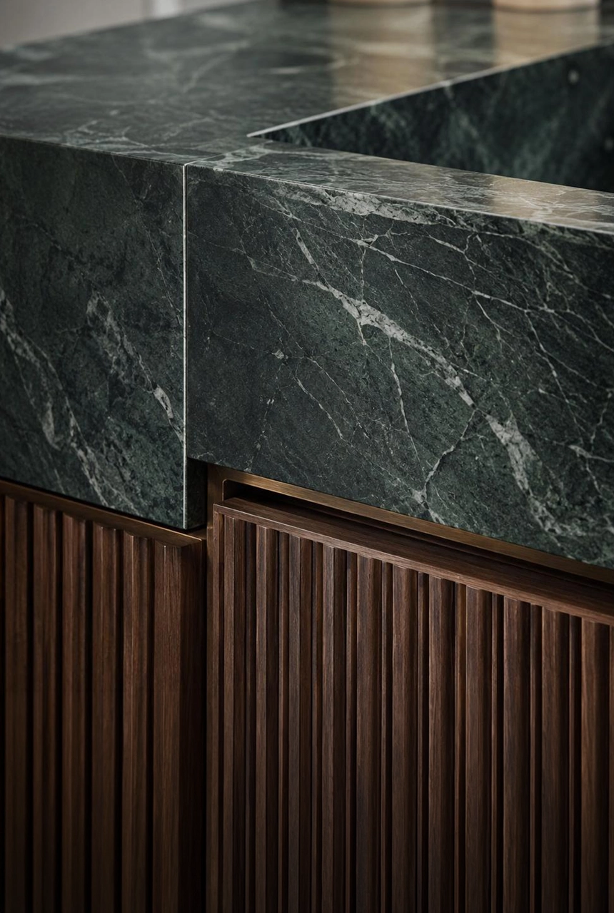 X4 Design and Build green marble countertop detail with ribbed walnut cabinet front, recessed shadow gap, sharp stone return, and premium joinery execution